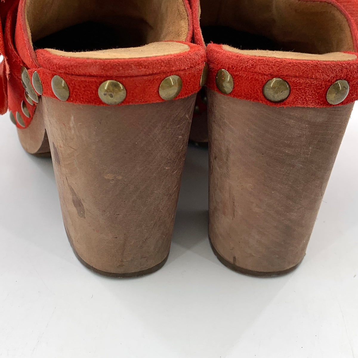 Chanel Red Suede Studded Wood Platform Block Heel Clogs Size-38