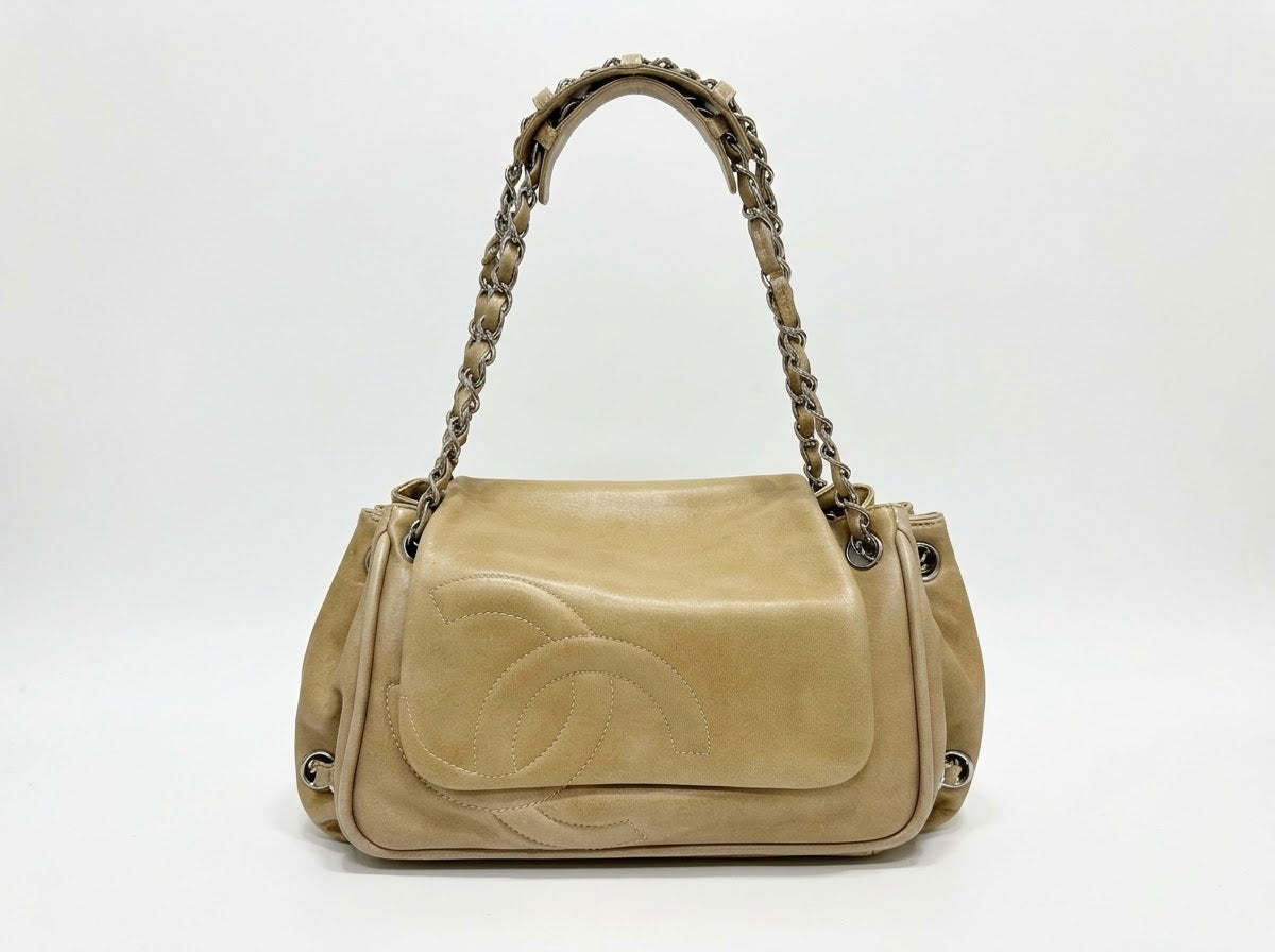 Chanel COCO Mark Chain Shoulder Bag Leather Gray Silver CC Brown Silvery