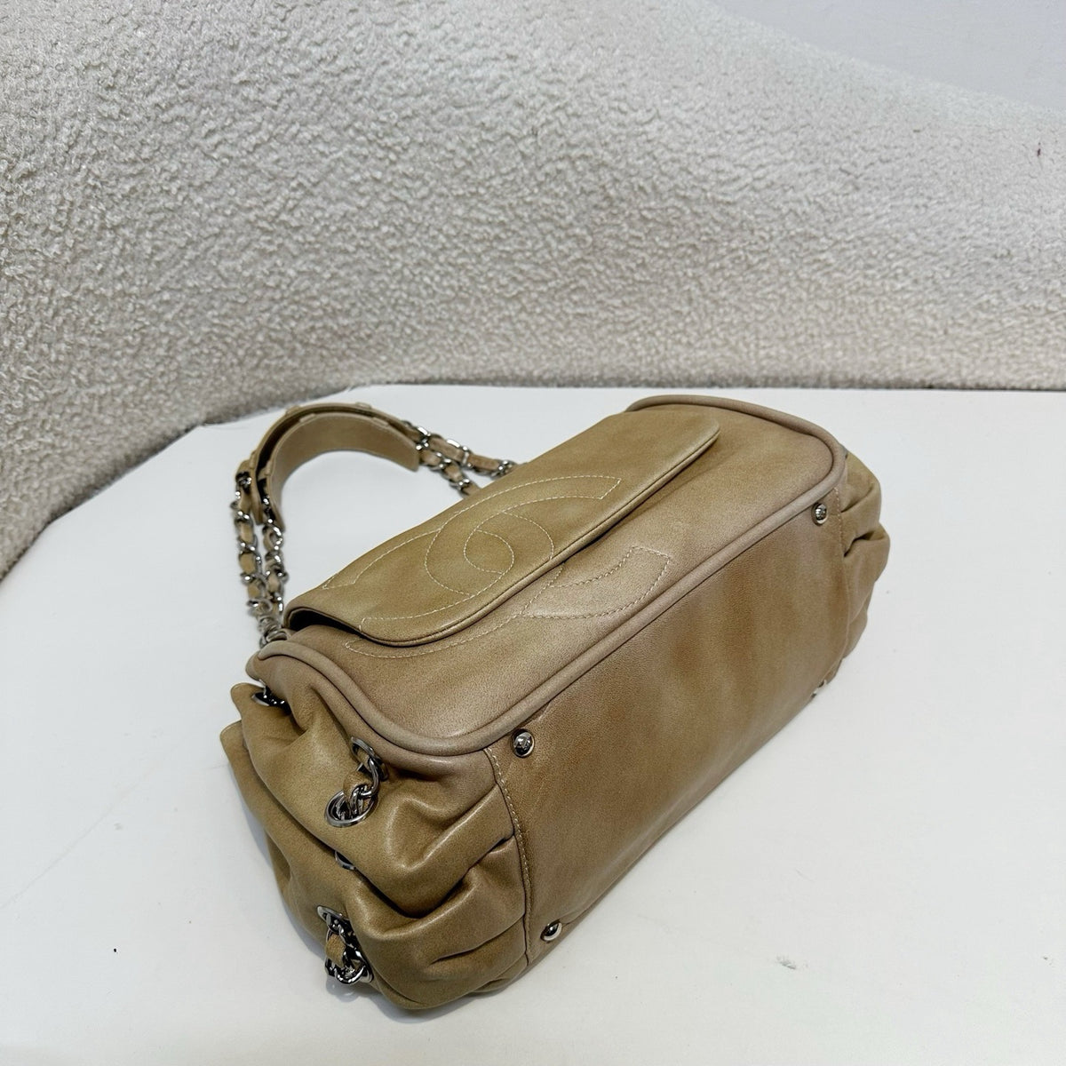 Chanel COCO Mark Chain Shoulder Bag Leather Gray Silver CC Brown Silvery