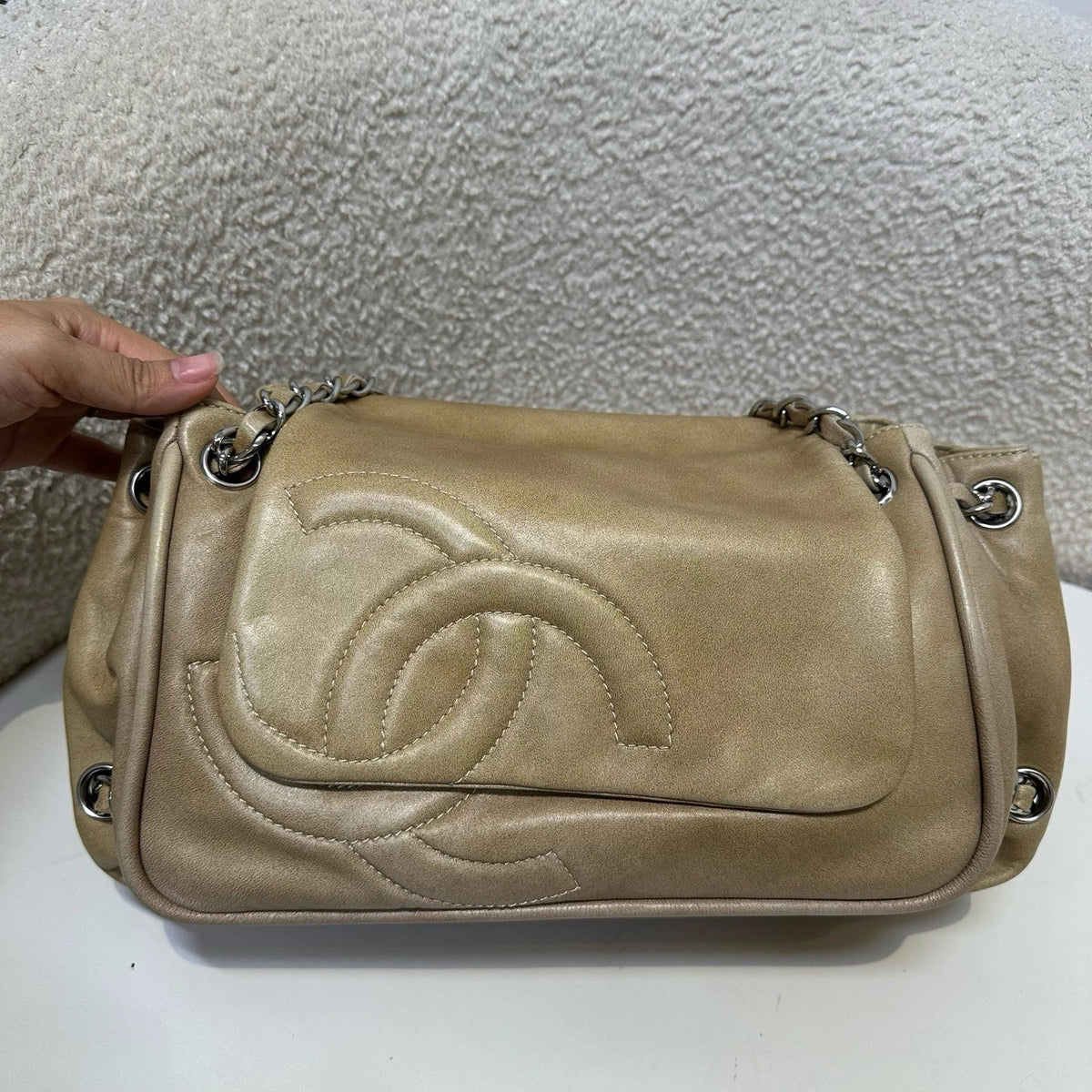 Chanel COCO Mark Chain Shoulder Bag Leather Gray Silver CC Brown Silvery