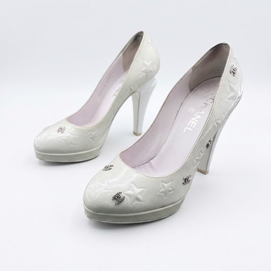 Chanel White Glitter Patent Leather Crystal CC Star Pumps-38